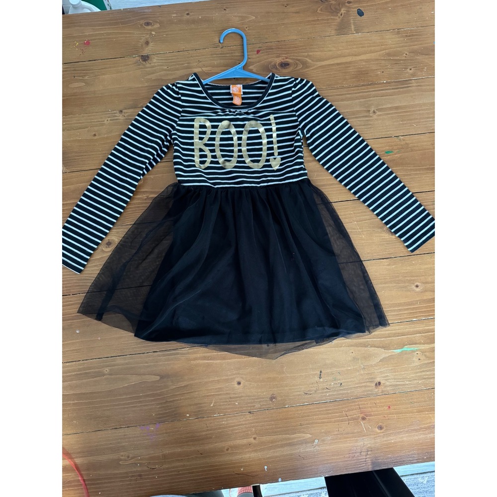 Kids Black White Stripe BOO Ghost Tulle Skirt Halloween Dress Size S/P 6X